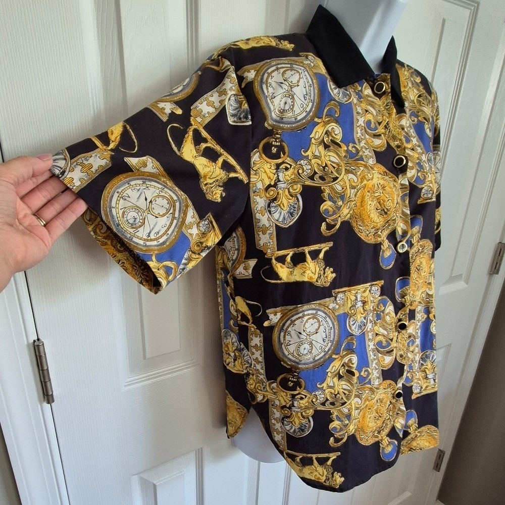 J. Andrews Vintage 2 Piece Shirt Shorts Gold Lion Clock Watch Print Womens Small - Picture 10 of 16